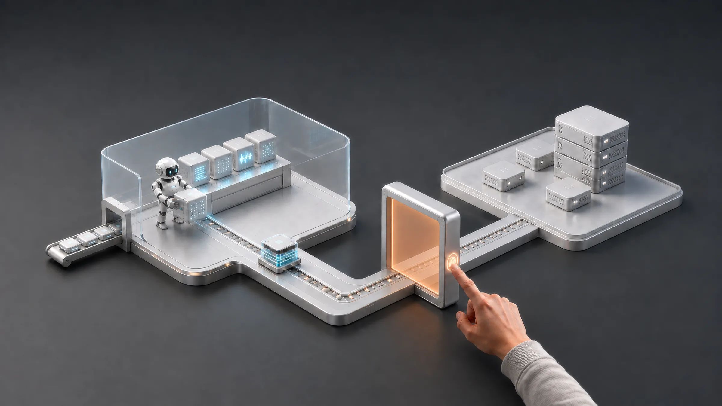 A robot assembling a change inside a glass sandbox; a conveyor carries the finished package to a glowing gate where a human fingertip approves it before it continues to the production servers