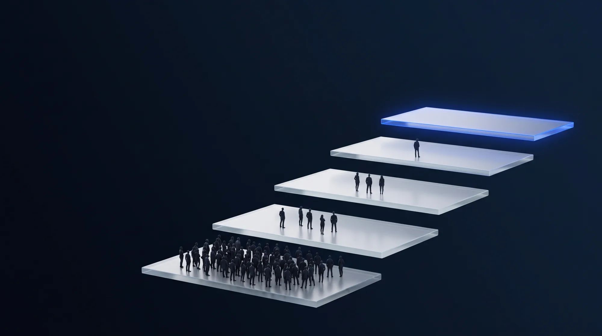 Five glass platforms rising like stairs: a crowd on the lowest, fewer people on each higher one, and an empty blue platform at the top
