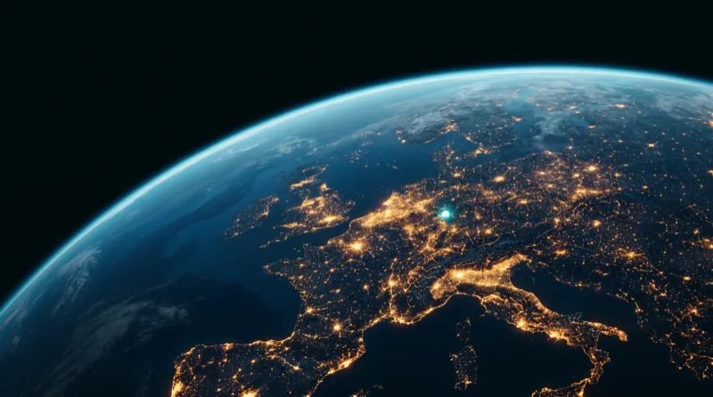 Earth at night seen from orbit, Europe lit up, one bright point marked in the middle of the continent