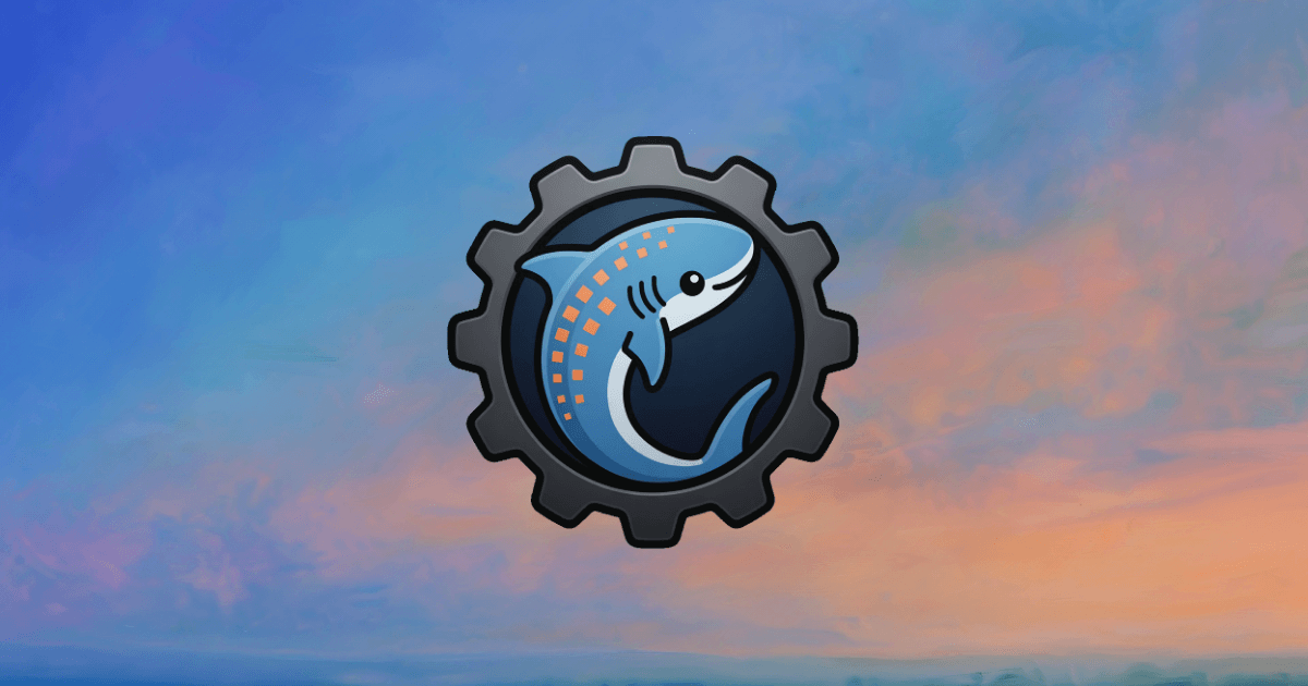 Akuapkg logo with a blue shark inside a dark gear